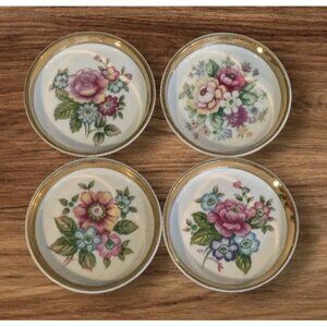 4 Crown Shafford Coasters Trinket Dishes Japan Ceramic Floral Gold Trim 5404 Vtg